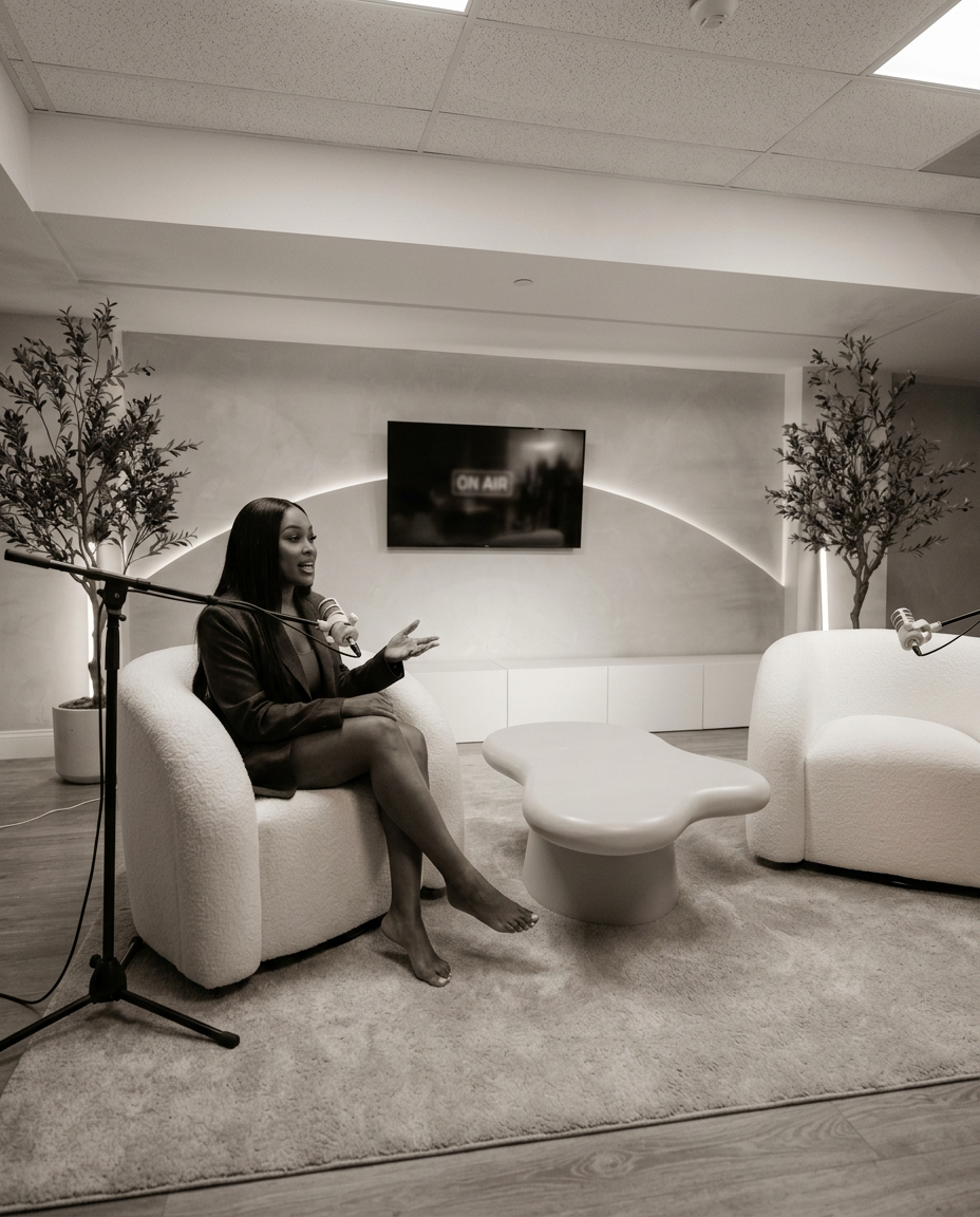 Woman speaking into a podcast microphone